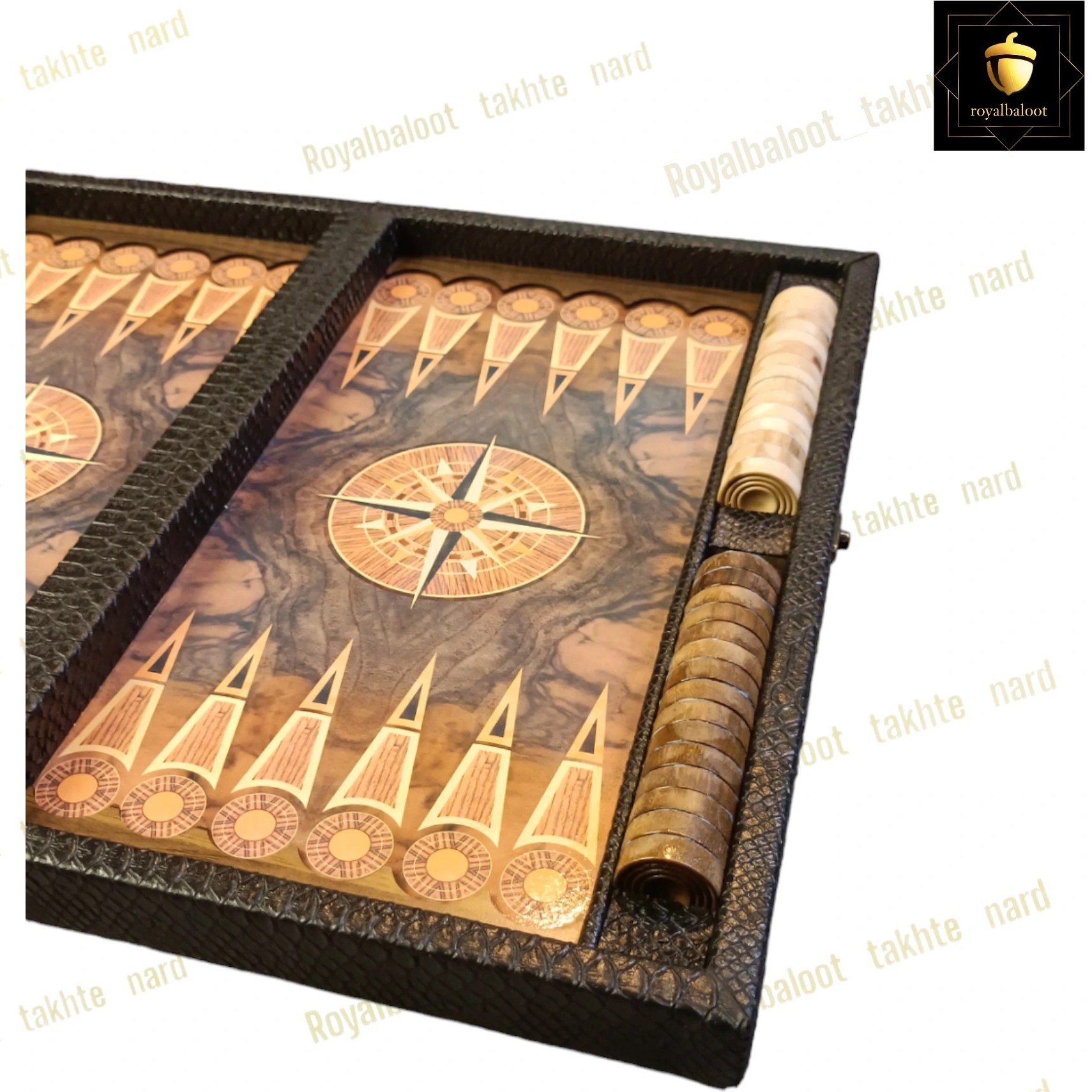 تخته نرد چوبی طرح چرم مدل قطب نما با مهره و تاس